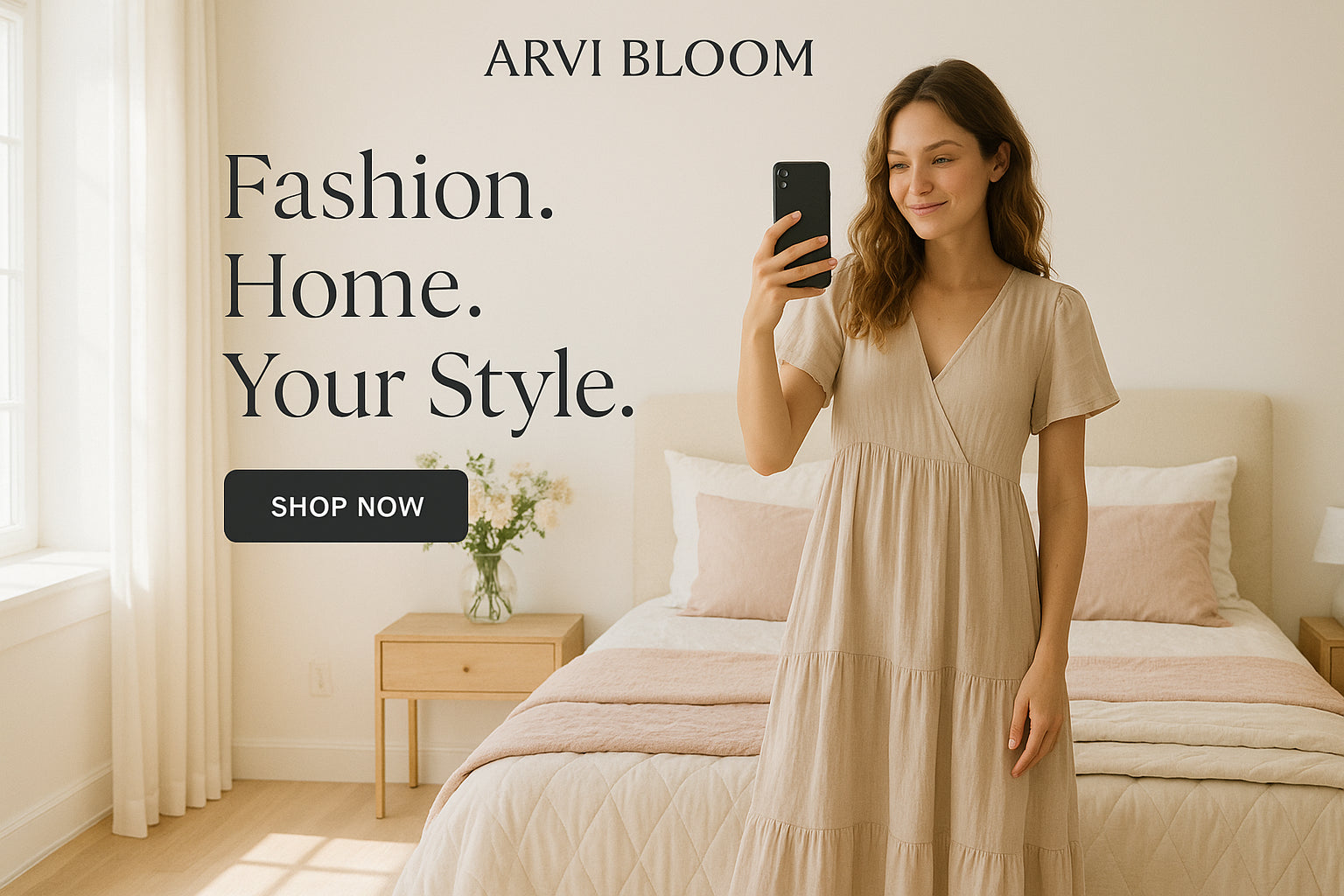 ARVI BLOOM lifestyle website banner with bright airy bedroom