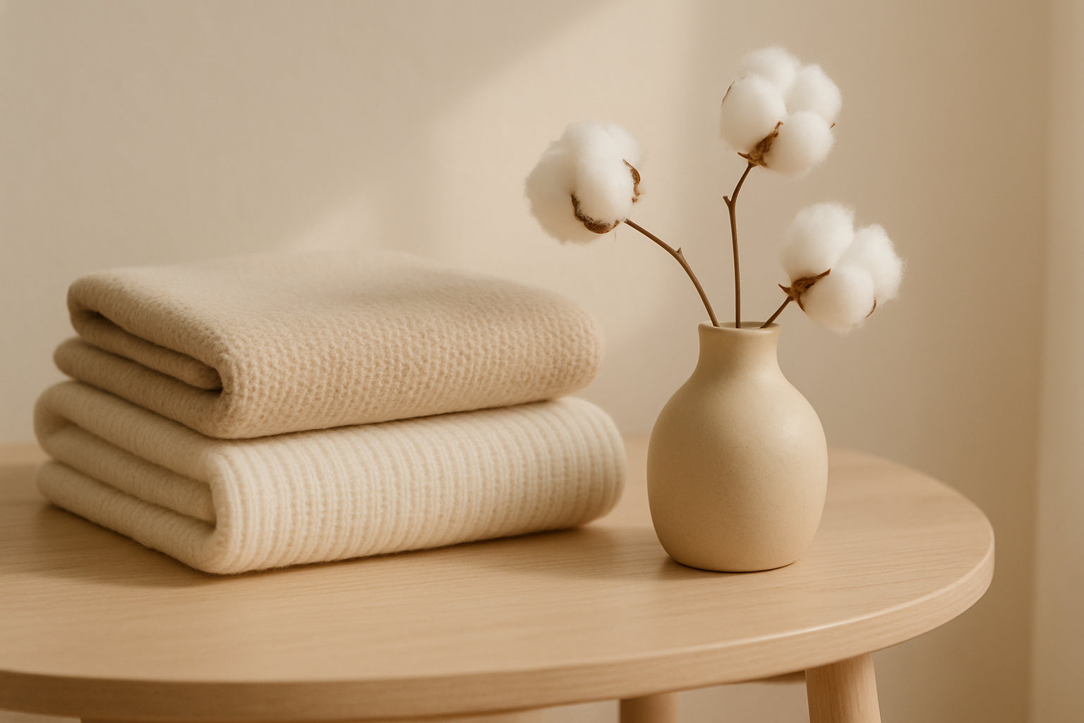 Soft minimalist contact page background with folded blankets, ceramic vase, and cotton flowers on wooden table